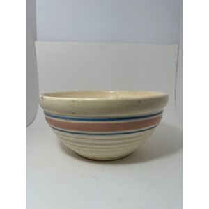 Vintage Ribbed Stoneware Mixing Bowl Blue Pink Stripes Farmhouse Beehive Crock
